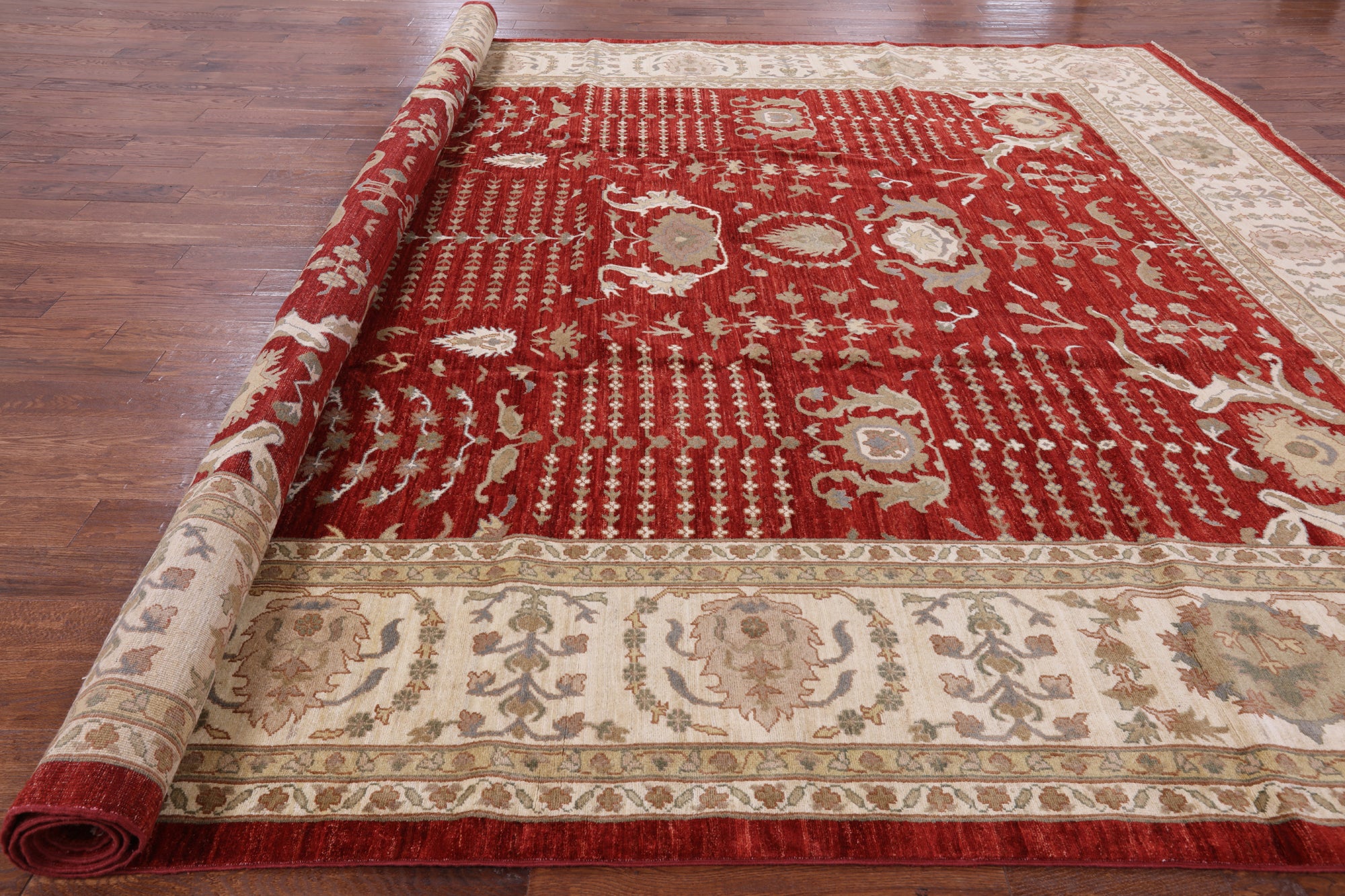 Red Peshawar Hand Knotted Area Rug - 12' 0" X 14' 10" - Golden Nile