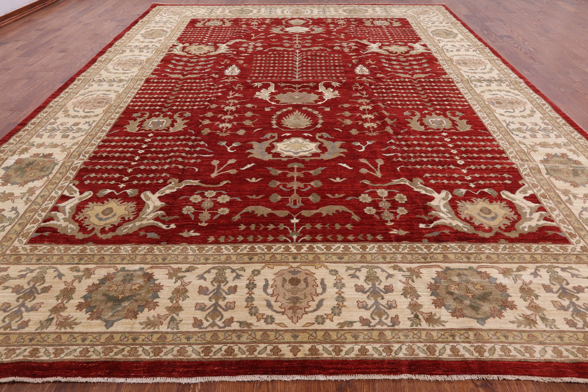 Red Peshawar Hand Knotted Area Rug - 12' 0" X 14' 10" - Golden Nile