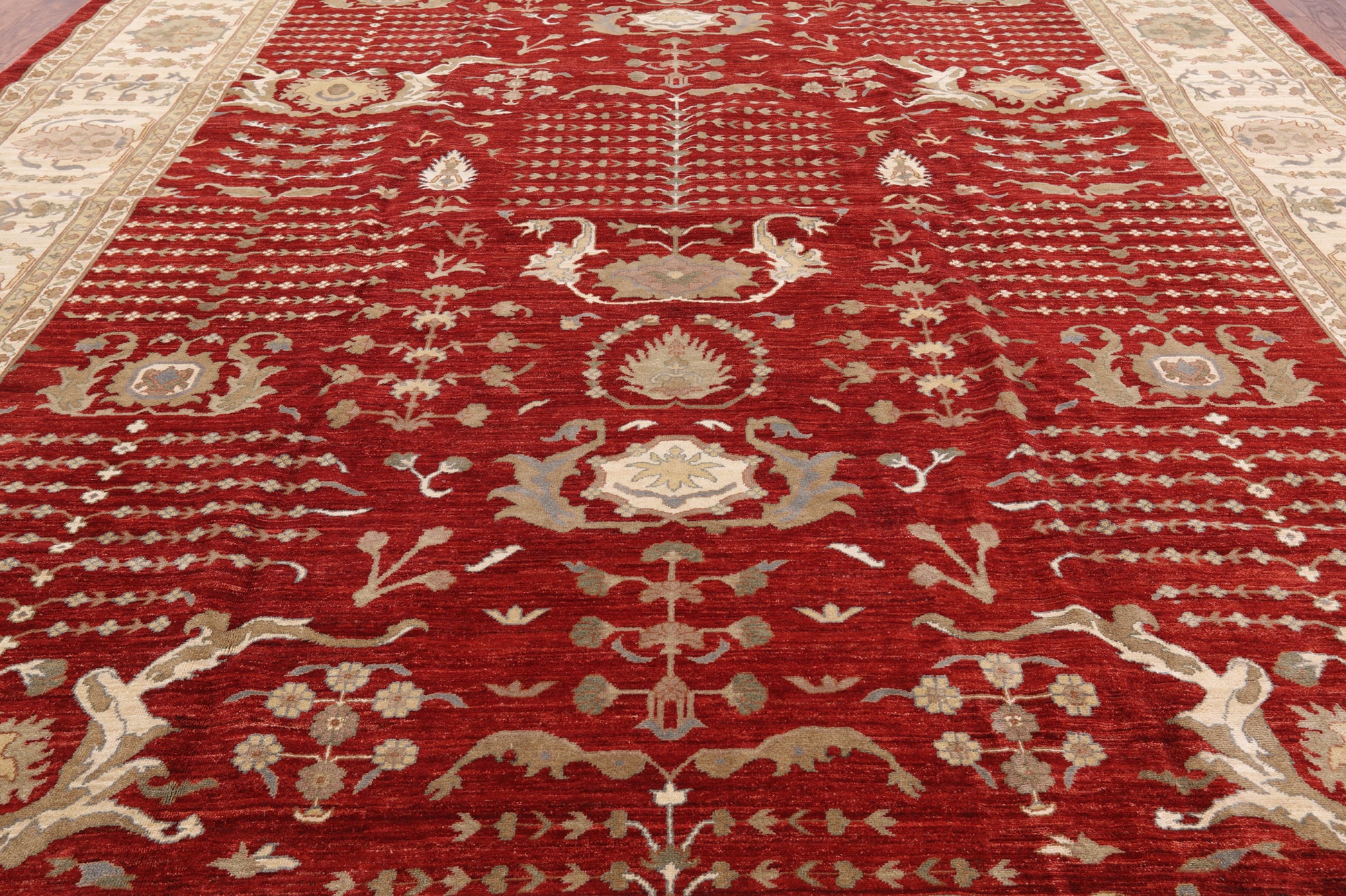 Red Peshawar Hand Knotted Area Rug - 12' 0" X 14' 10" - Golden Nile