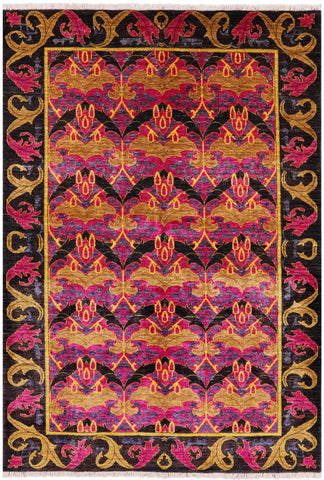 Pink William Morris Hand Knotted Wool Area Rug - 6' 3