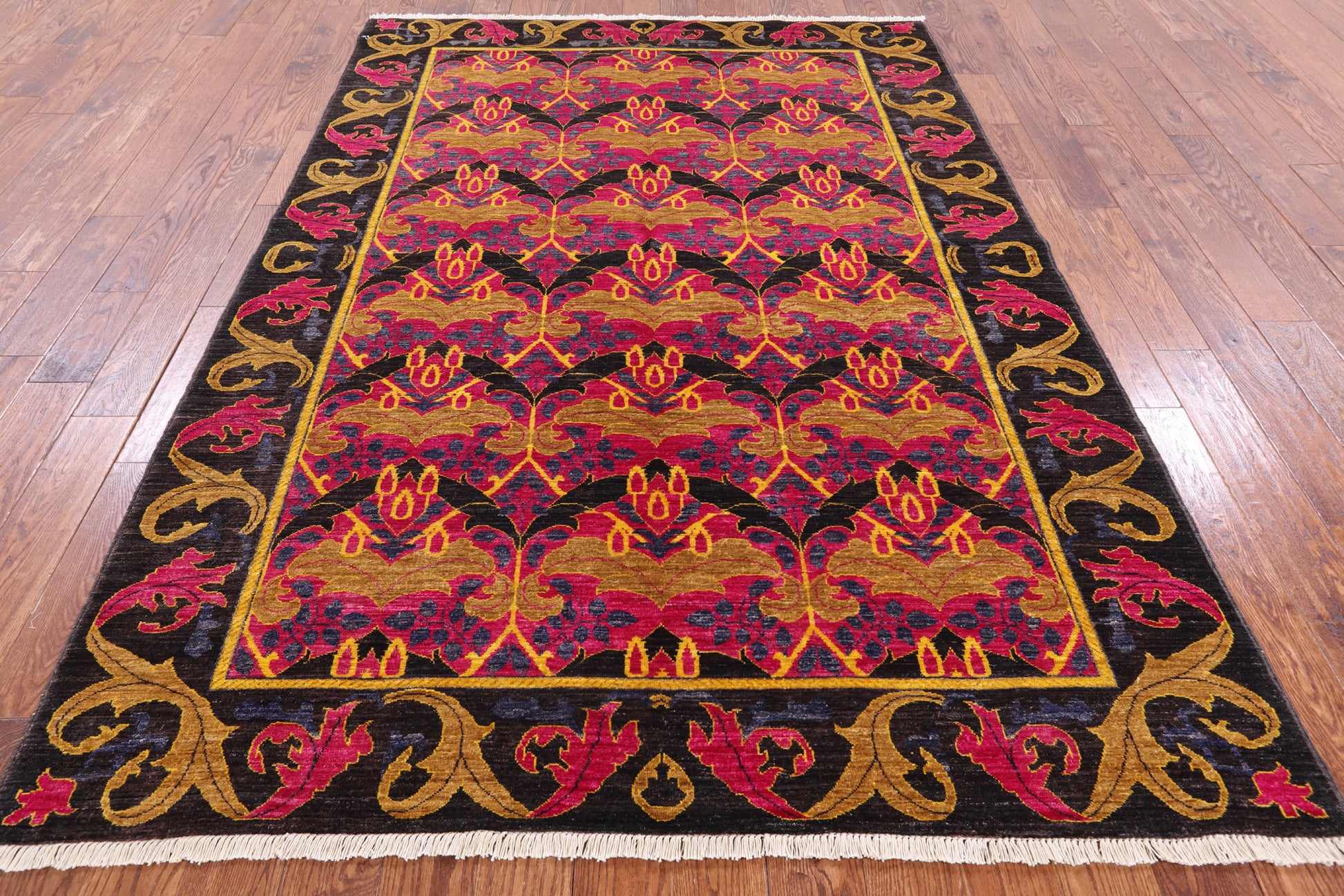 Pink William Morris Hand Knotted Wool Area Rug - 6' 3" X 9' 0" - Golden Nile