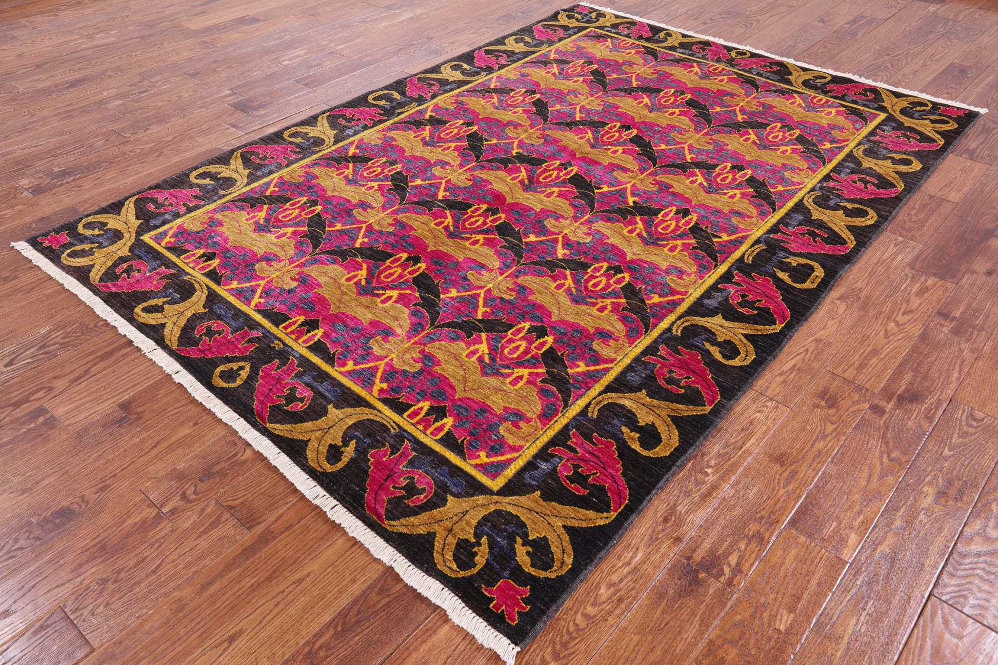Pink William Morris Hand Knotted Wool Area Rug - 6' 3" X 9' 0" - Golden Nile
