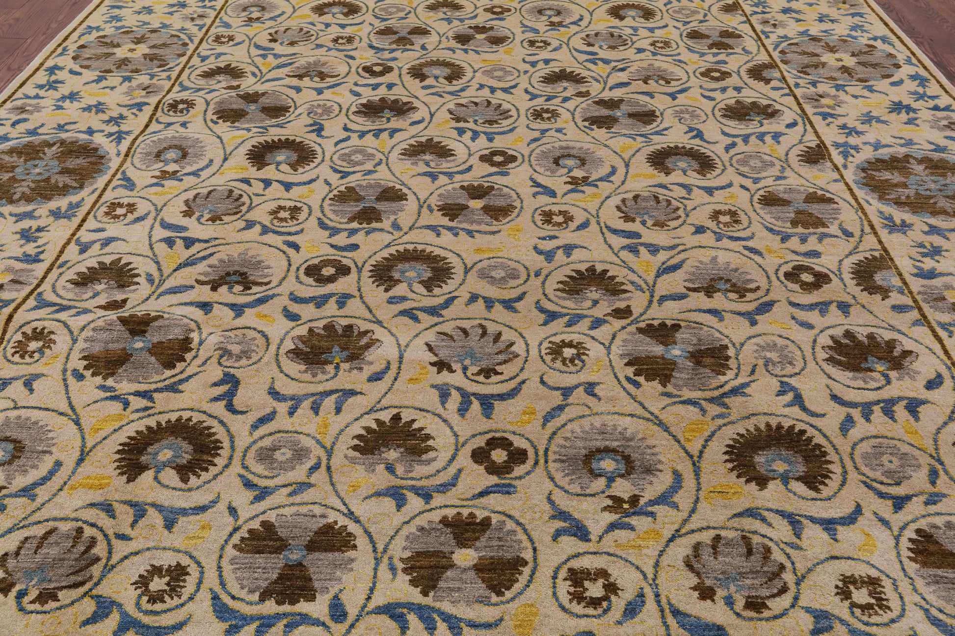 Ivory William Morris Handmade Wool Rug - 9' 3" X 11' 9" - Golden Nile