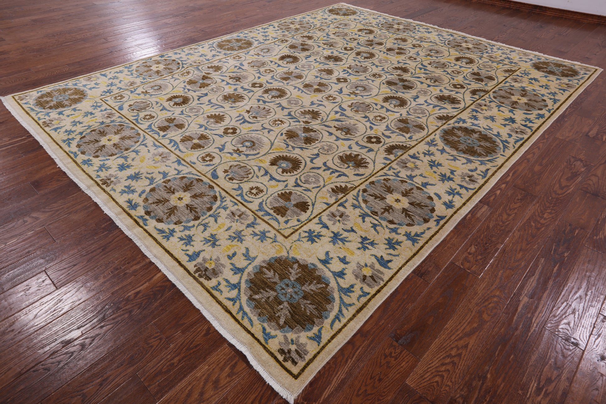 Ivory William Morris Handmade Wool Rug - 9' 3" X 11' 9" - Golden Nile