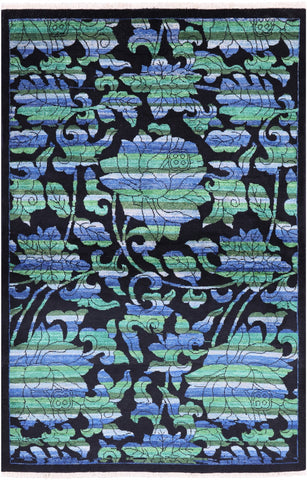 Black William Morris Rose Garden Handmade Wool Area Rug - 4' 1