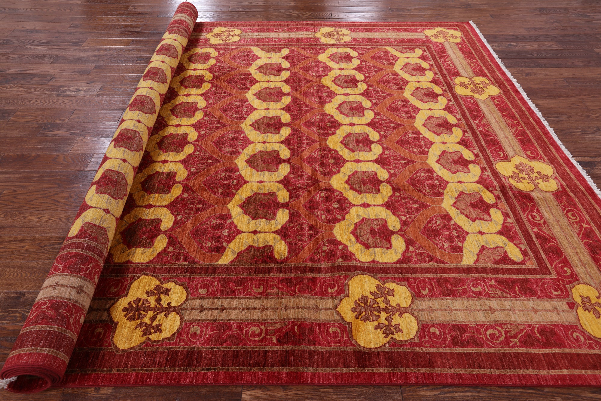 Red William Morris Handmade Wool Area Rug - 8' 10" X 12' 5" - Golden Nile