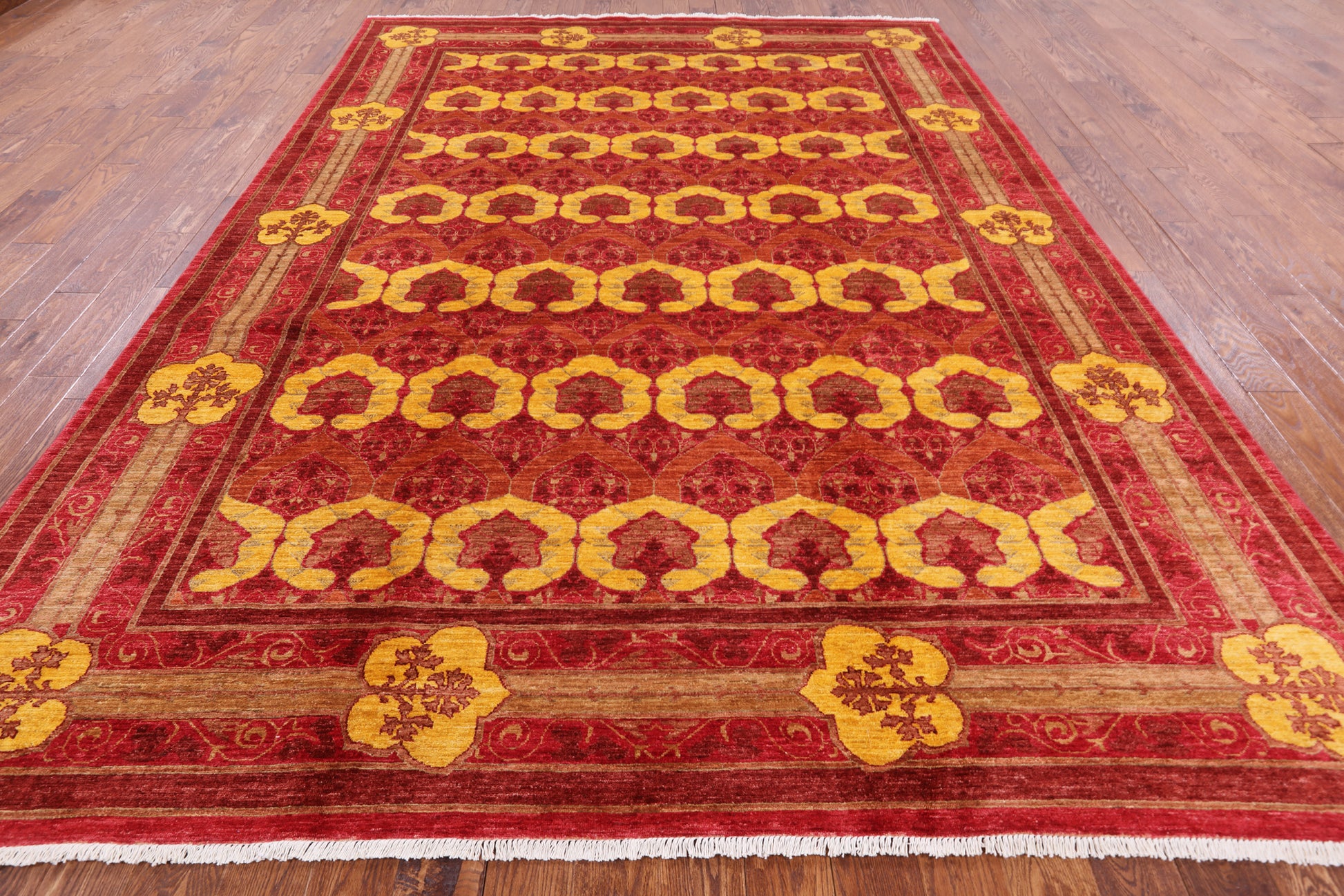 Red William Morris Handmade Wool Area Rug - 8' 10" X 12' 5" - Golden Nile