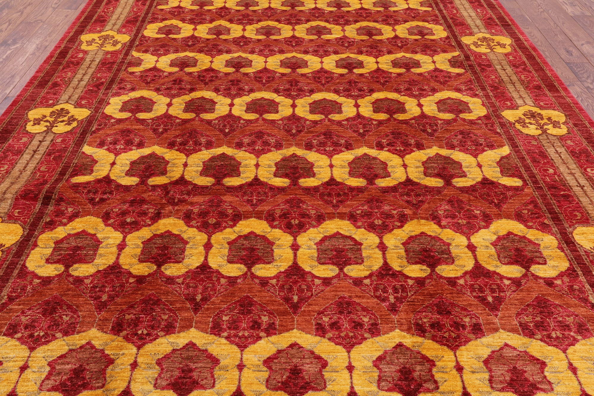 Red William Morris Handmade Wool Area Rug - 8' 10" X 12' 5" - Golden Nile