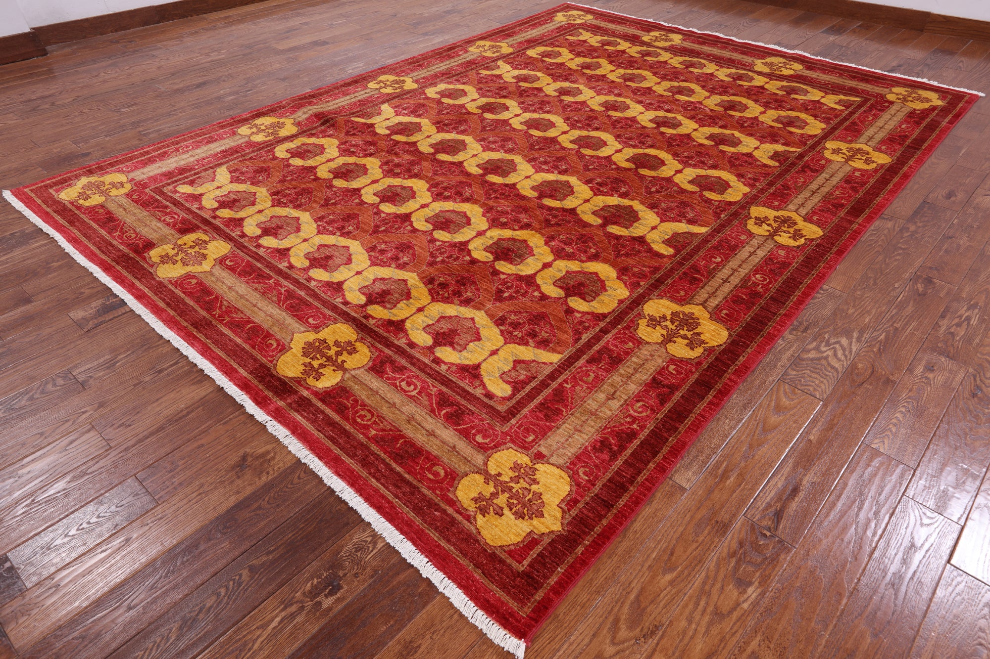 Red William Morris Handmade Wool Area Rug - 8' 10" X 12' 5" - Golden Nile