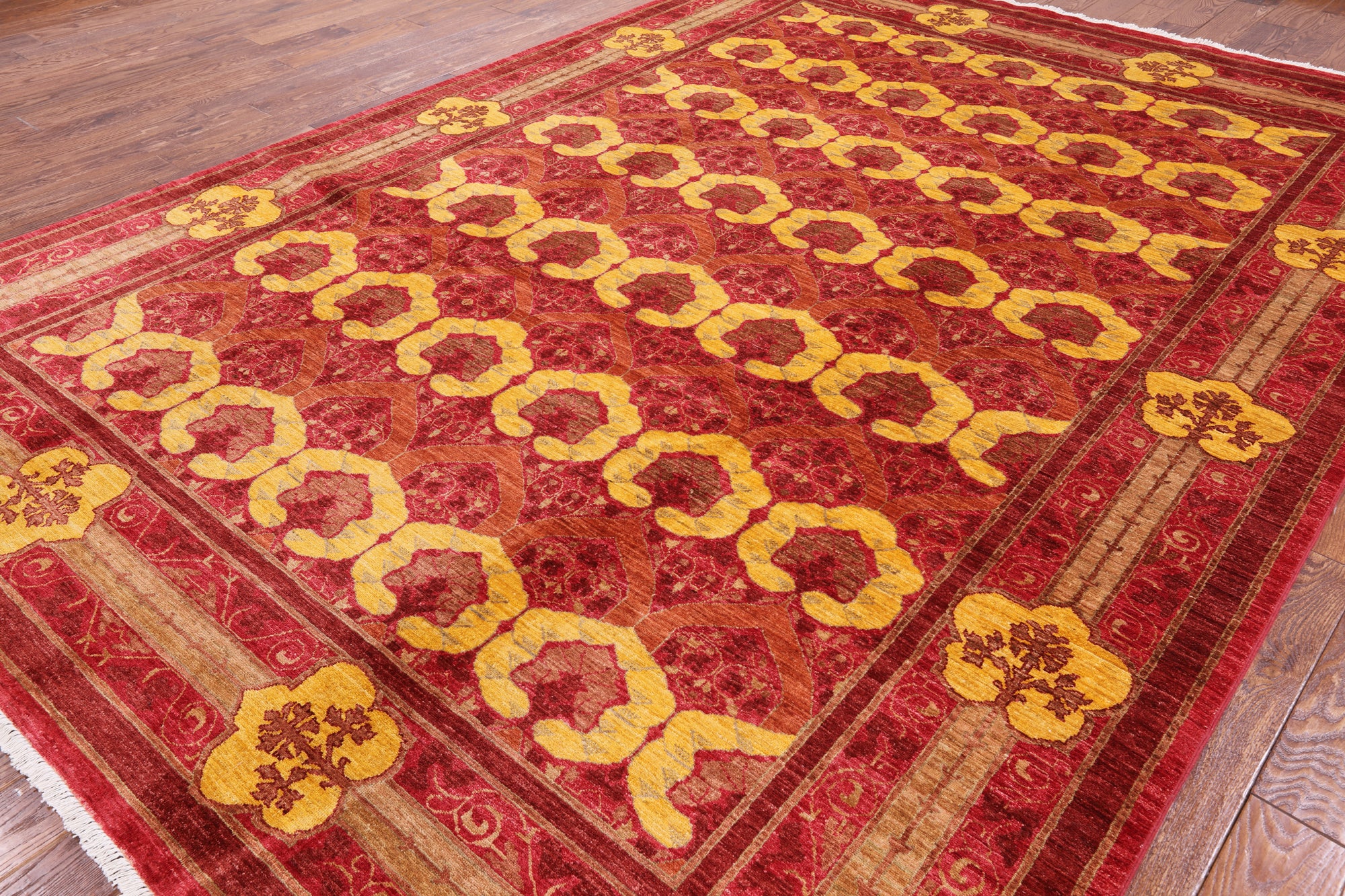 Red William Morris Handmade Wool Area Rug - 8' 10" X 12' 5" - Golden Nile
