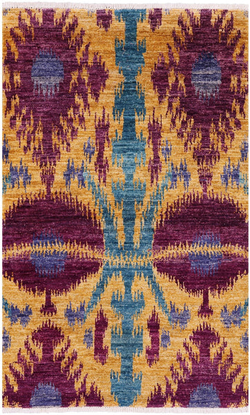 Gold Ikat Handmade Wool Area Rug - 4' 1" X 6' 4" - Golden Nile
