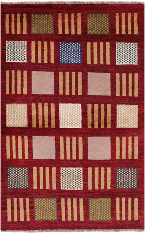 Red Tribal Gabbeh Hand Knotted Wool Rug - 4' 2