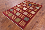 Red Tribal Gabbeh Hand Knotted Wool Rug - 4' 2" X 6' 4" - Golden Nile