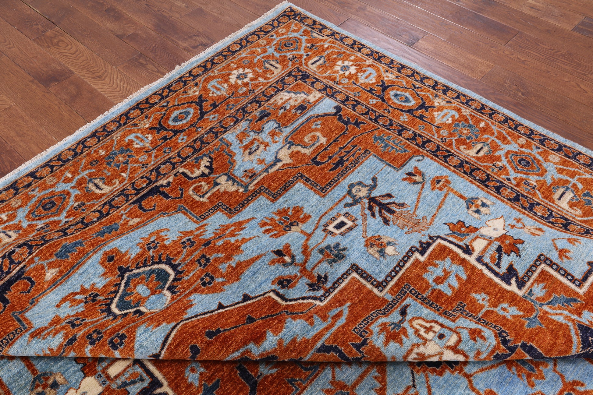 Blue Persian Fine Serapi Handmade Wool Area Rug - 9' 0" X 12' 0" - Golden Nile