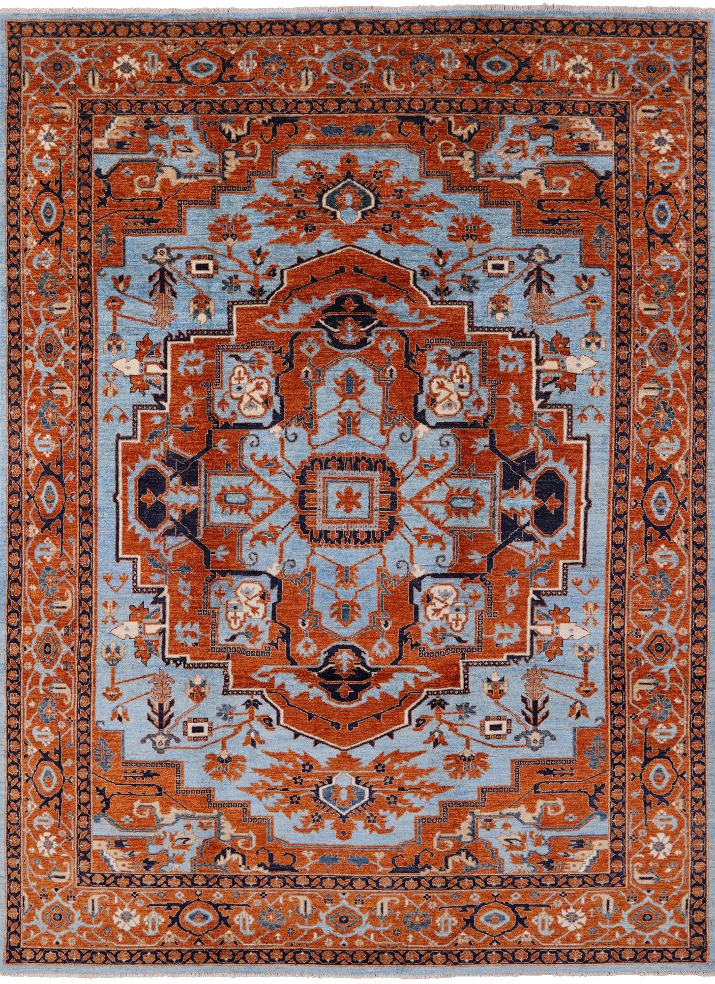 Blue Persian Fine Serapi Handmade Wool Area Rug - 9' 0" X 12' 0" - Golden Nile