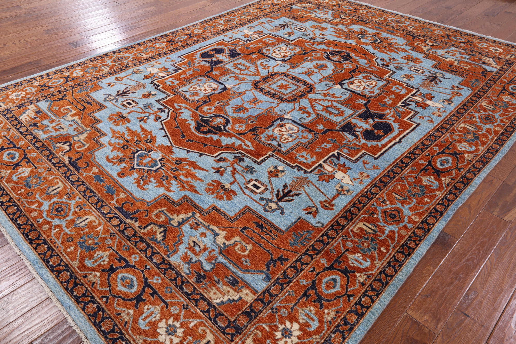 Blue Persian Fine Serapi Handmade Wool Area Rug - 9' 0" X 12' 0" - Golden Nile