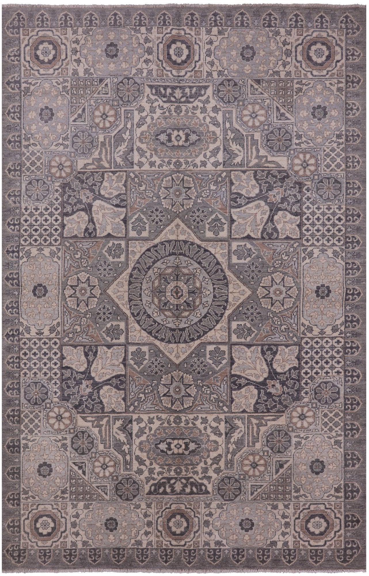 Grey Geometric Persian Mamluk Hand Knotted Wool Rug - 5' 10" X 8' 10" - Golden Nile