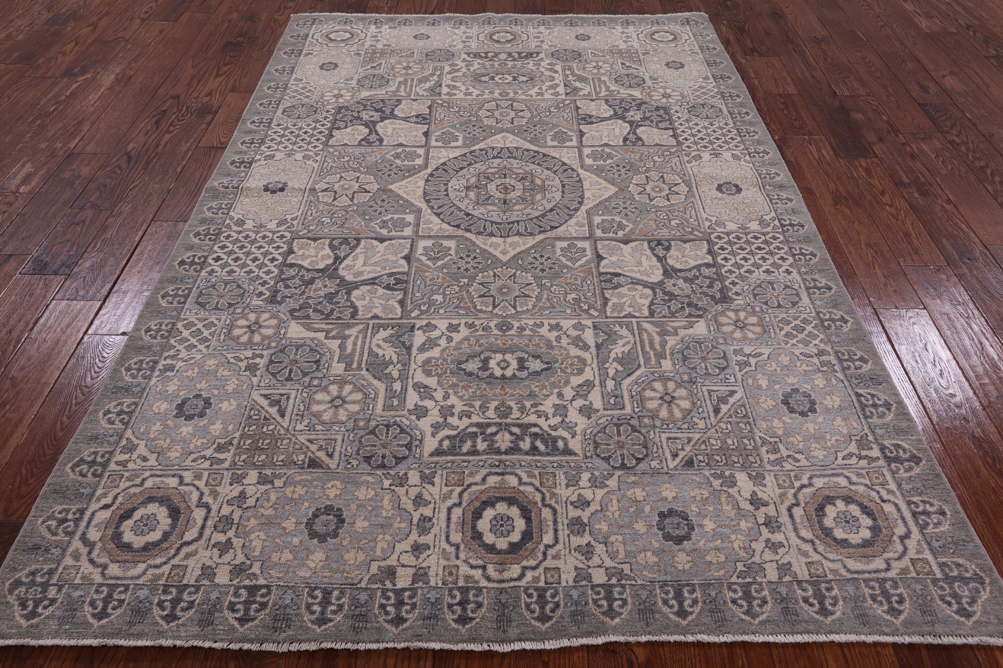 Grey Geometric Persian Mamluk Hand Knotted Wool Rug - 5' 10" X 8' 10" - Golden Nile