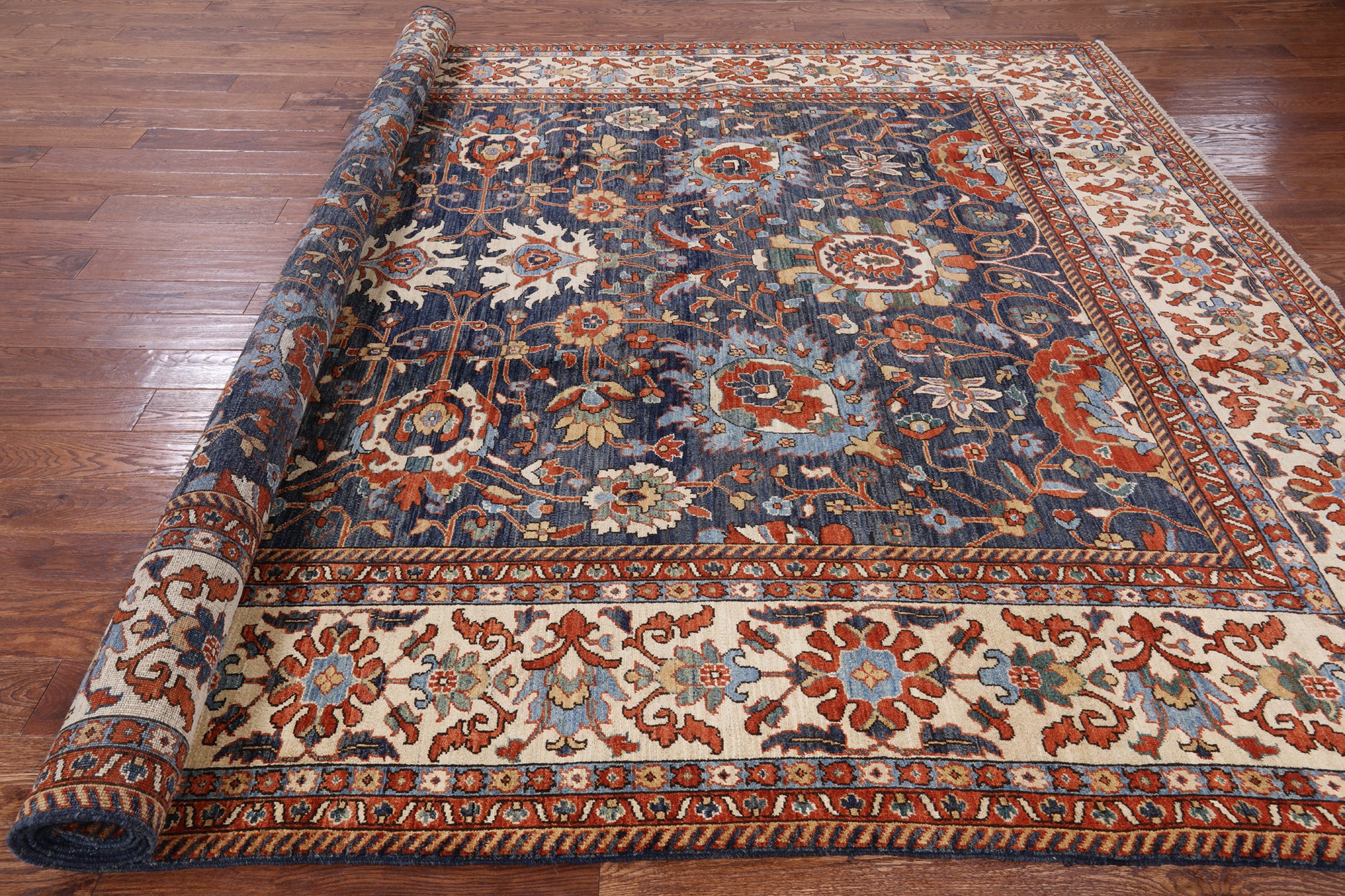 Blue Fine Serapi Hand Knotted Rug - 9' 1" X 12' 2" - Golden Nile