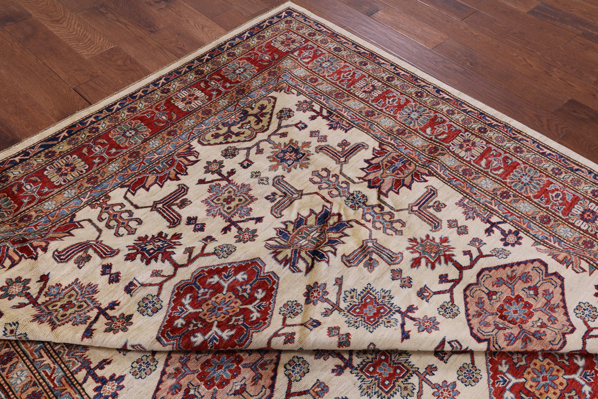 Ivory Super Fine Kazak Hand Knotted Wool Area Rug - 8' 0" X 10' 0" - Golden Nile