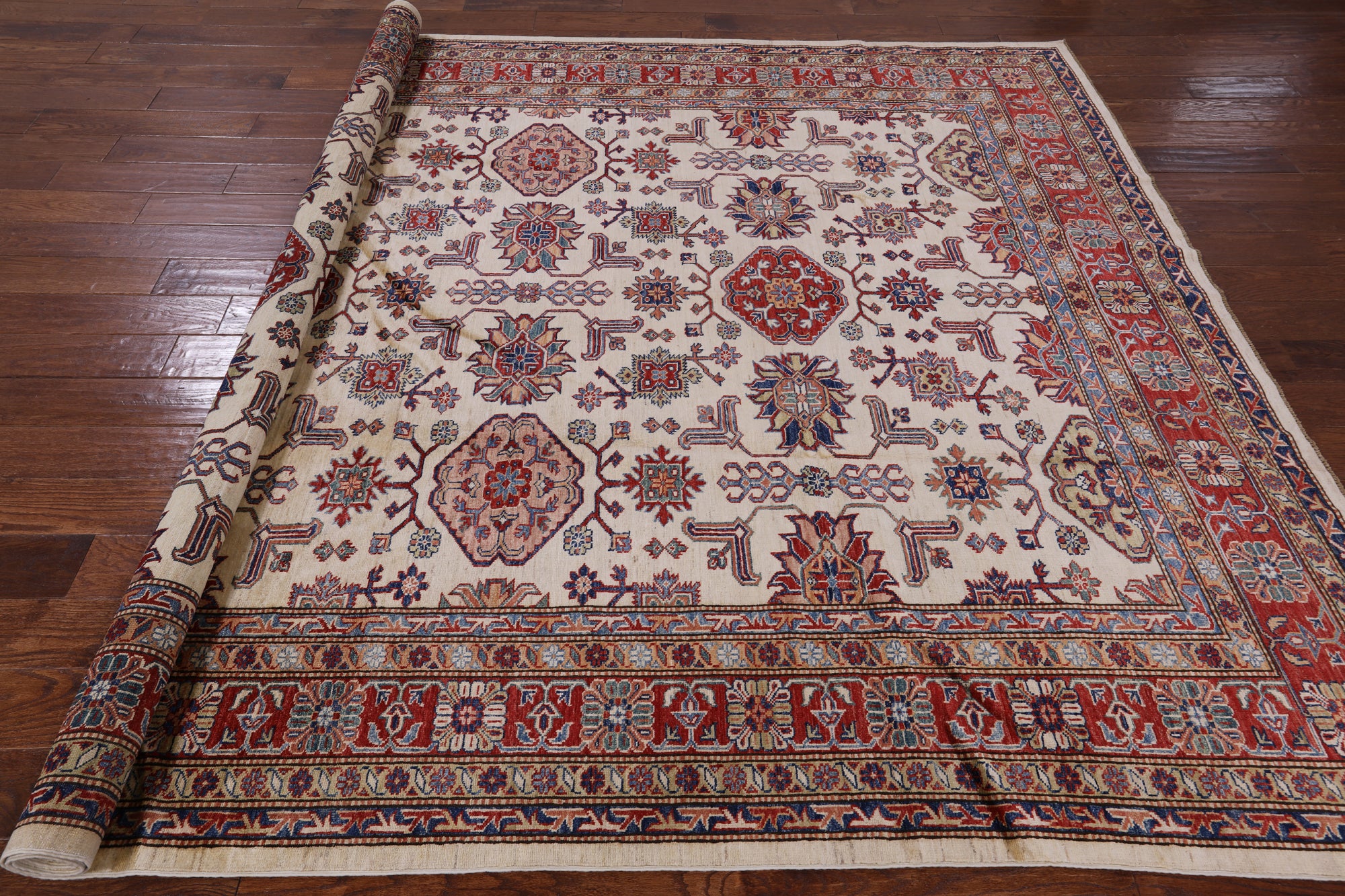Ivory Super Fine Kazak Hand Knotted Wool Area Rug - 8' 0" X 10' 0" - Golden Nile