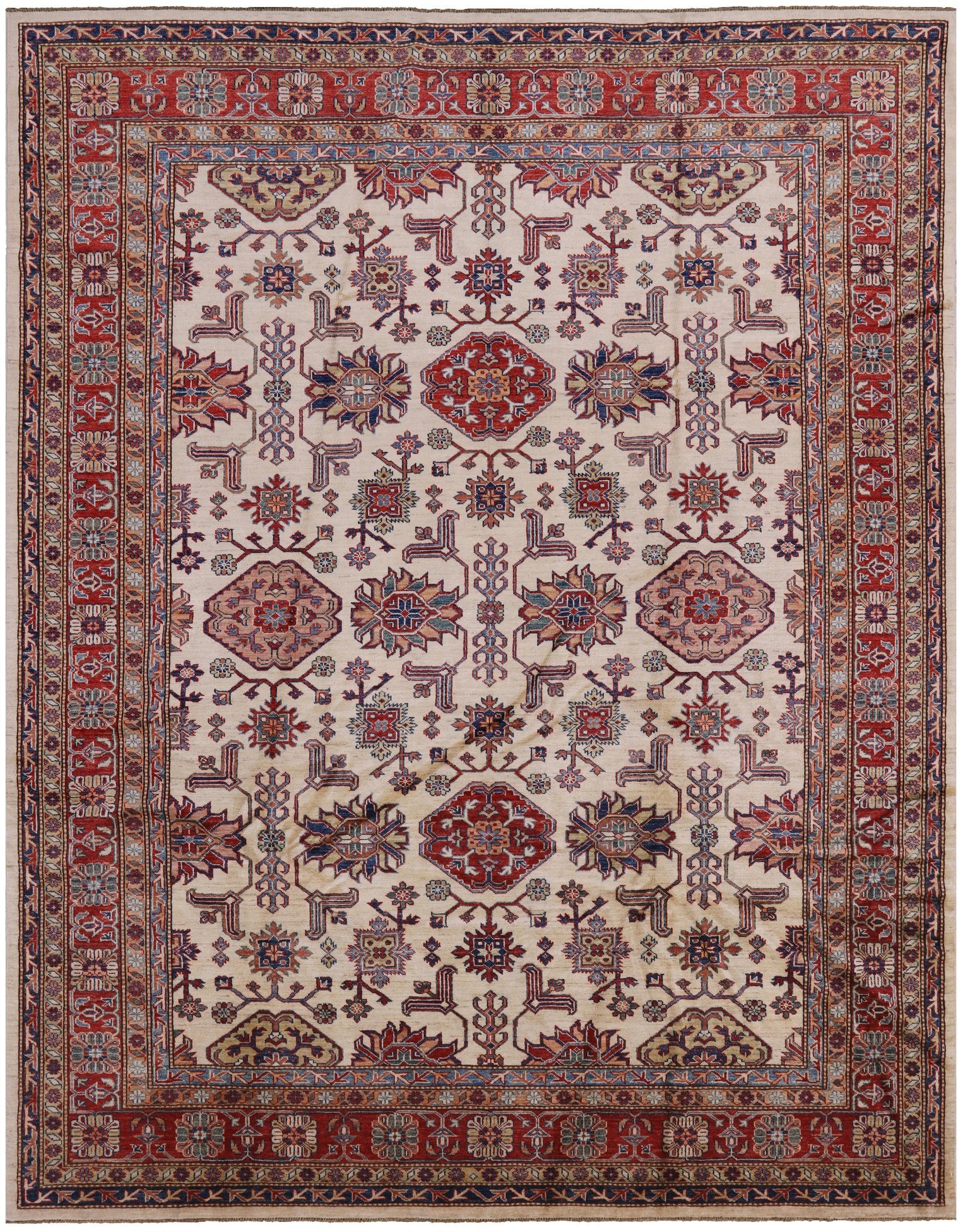 Ivory Super Fine Kazak Hand Knotted Wool Area Rug - 8' 0" X 10' 0" - Golden Nile