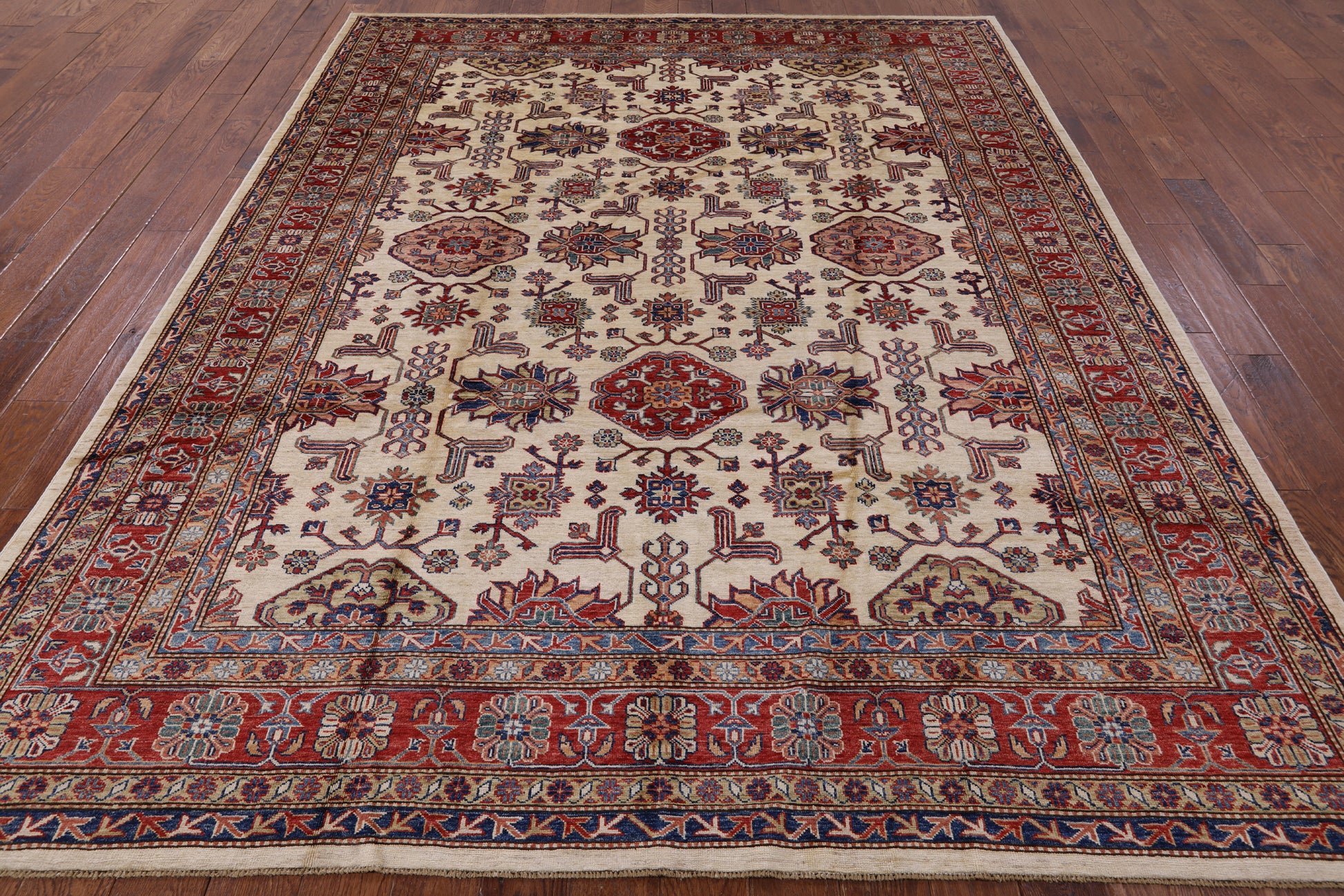 Ivory Super Fine Kazak Hand Knotted Wool Area Rug - 8' 0" X 10' 0" - Golden Nile