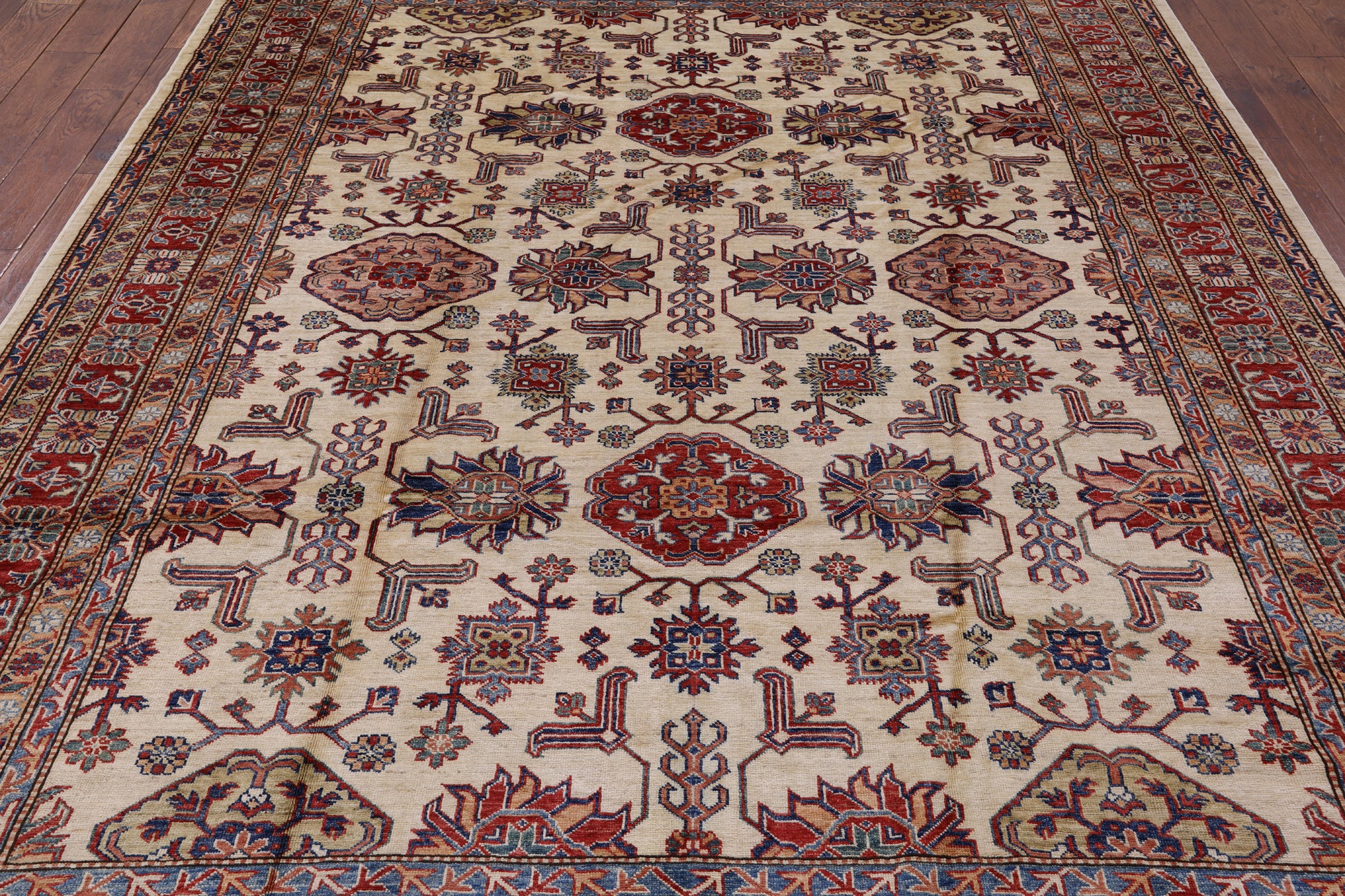 Ivory Super Fine Kazak Hand Knotted Wool Area Rug - 8' 0" X 10' 0" - Golden Nile