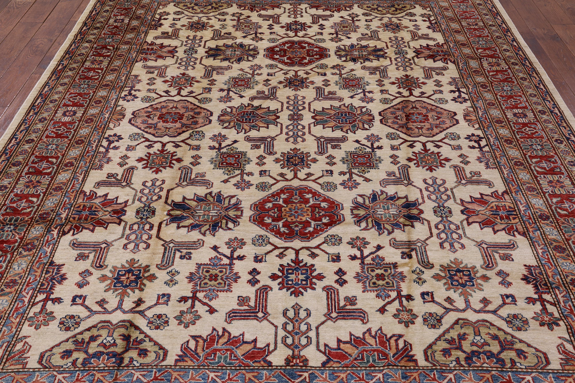 Ivory Super Fine Kazak Hand Knotted Wool Area Rug - 8' 0" X 10' 0" - Golden Nile