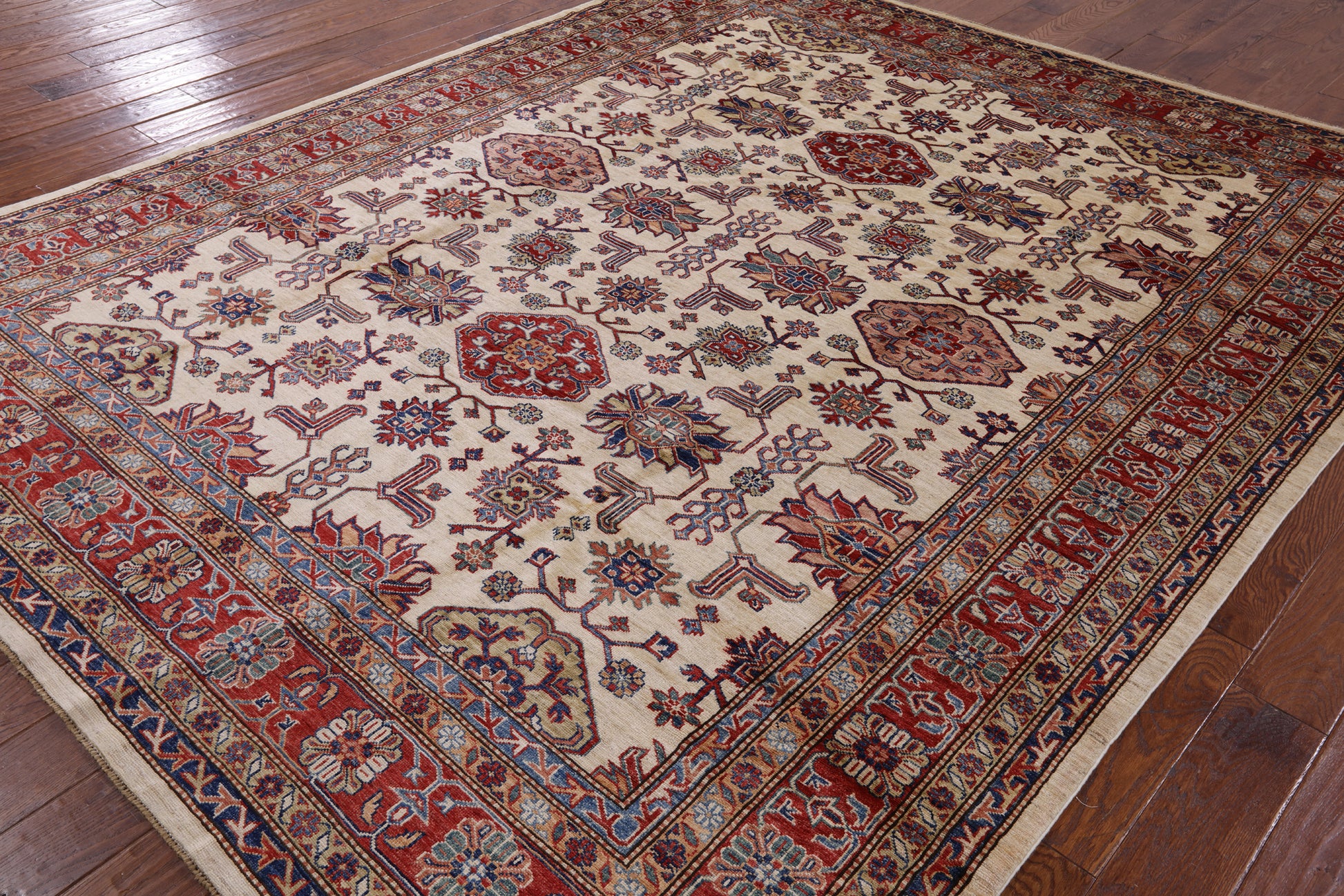 Ivory Super Fine Kazak Hand Knotted Wool Area Rug - 8' 0" X 10' 0" - Golden Nile