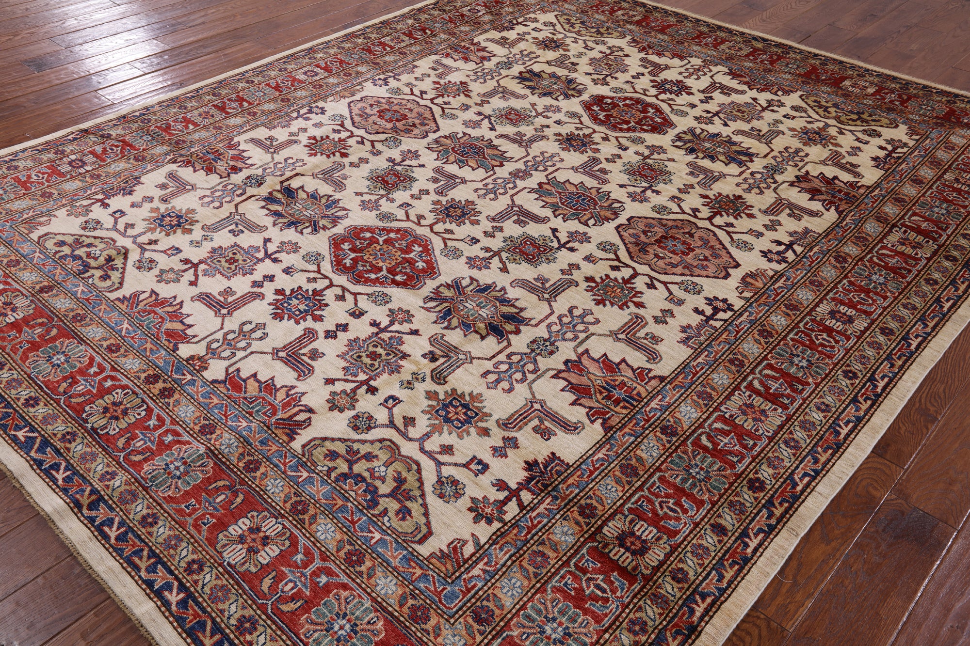 Ivory Super Fine Kazak Hand Knotted Wool Area Rug - 8' 0" X 10' 0" - Golden Nile