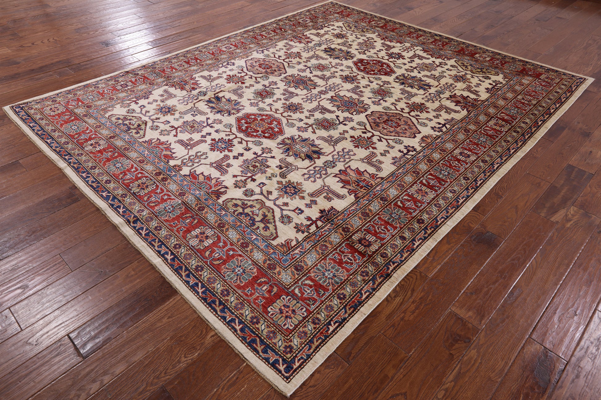 Ivory Super Fine Kazak Hand Knotted Wool Area Rug - 8' 0" X 10' 0" - Golden Nile