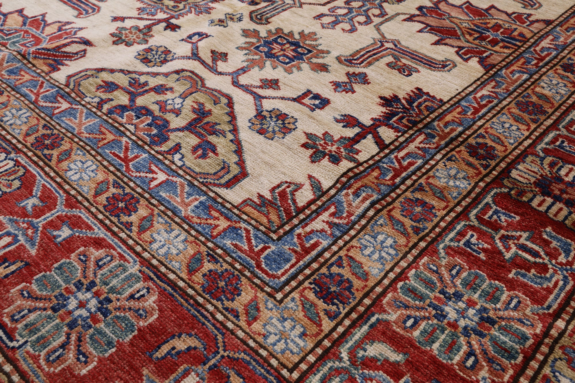 Ivory Super Fine Kazak Hand Knotted Wool Area Rug - 8' 0" X 10' 0" - Golden Nile