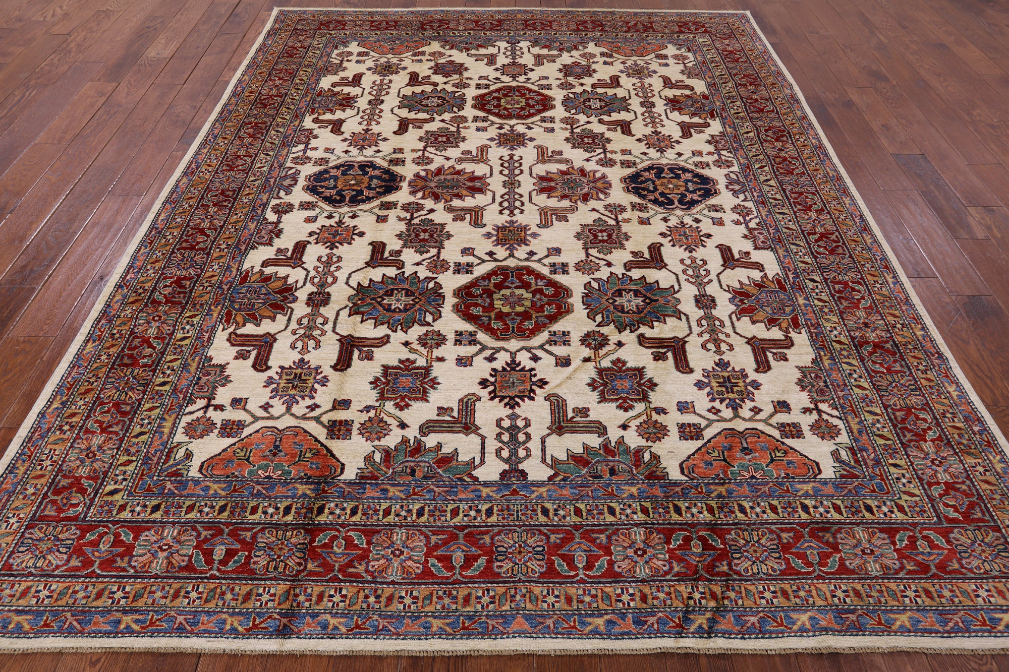 Ivory Super Fine Kazak Handmade Wool Rug - 8' 0" X 10' 0" - Golden Nile