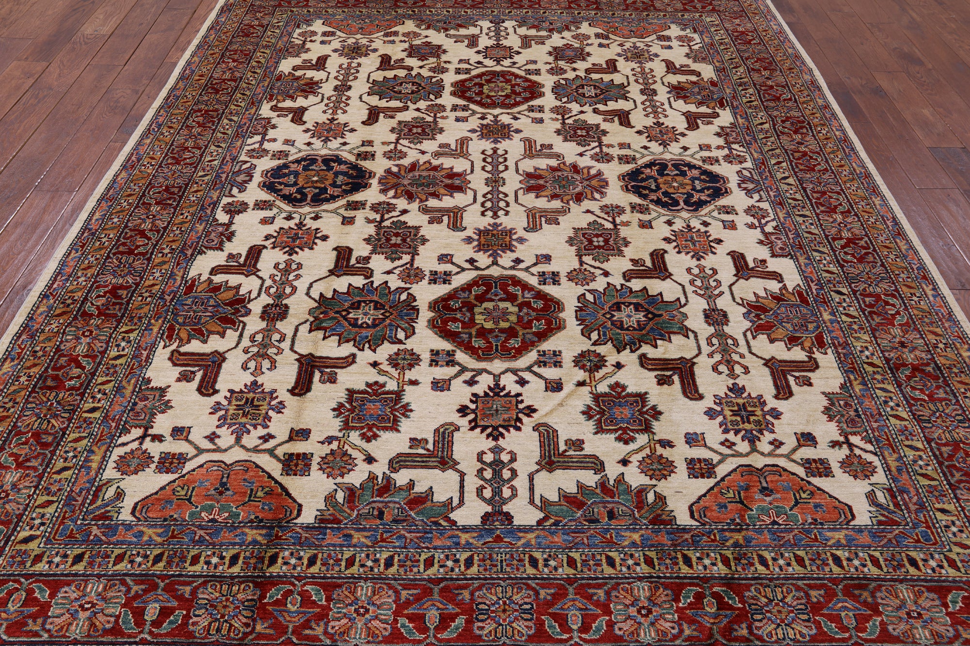 Ivory Super Fine Kazak Handmade Wool Rug - 8' 0" X 10' 0" - Golden Nile