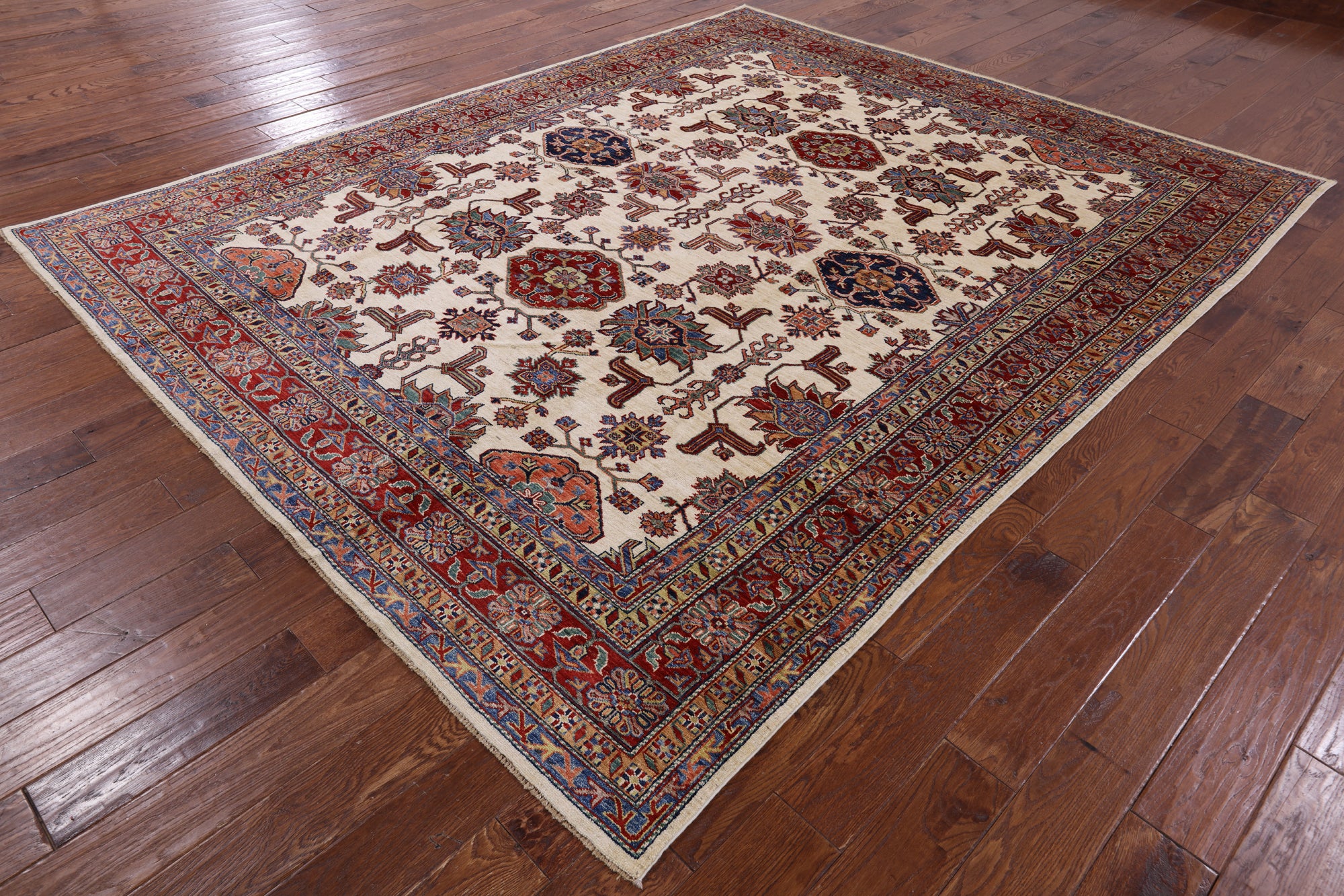 Ivory Super Fine Kazak Handmade Wool Rug - 8' 0" X 10' 0" - Golden Nile