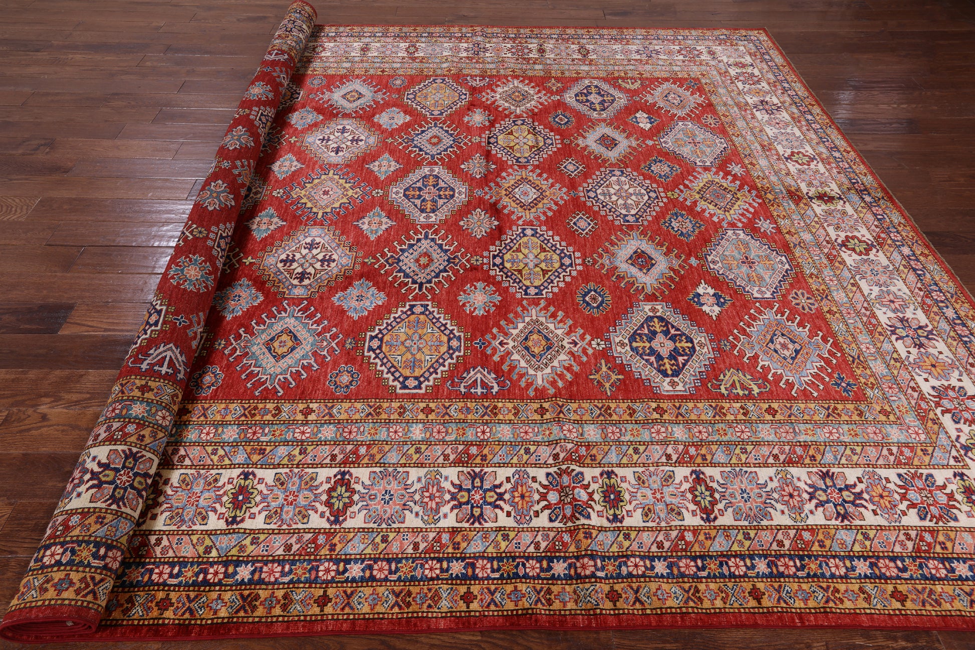Red Super Kazak Hand Knotted Area Rug - 9' 10" X 13' 3" - Golden Nile