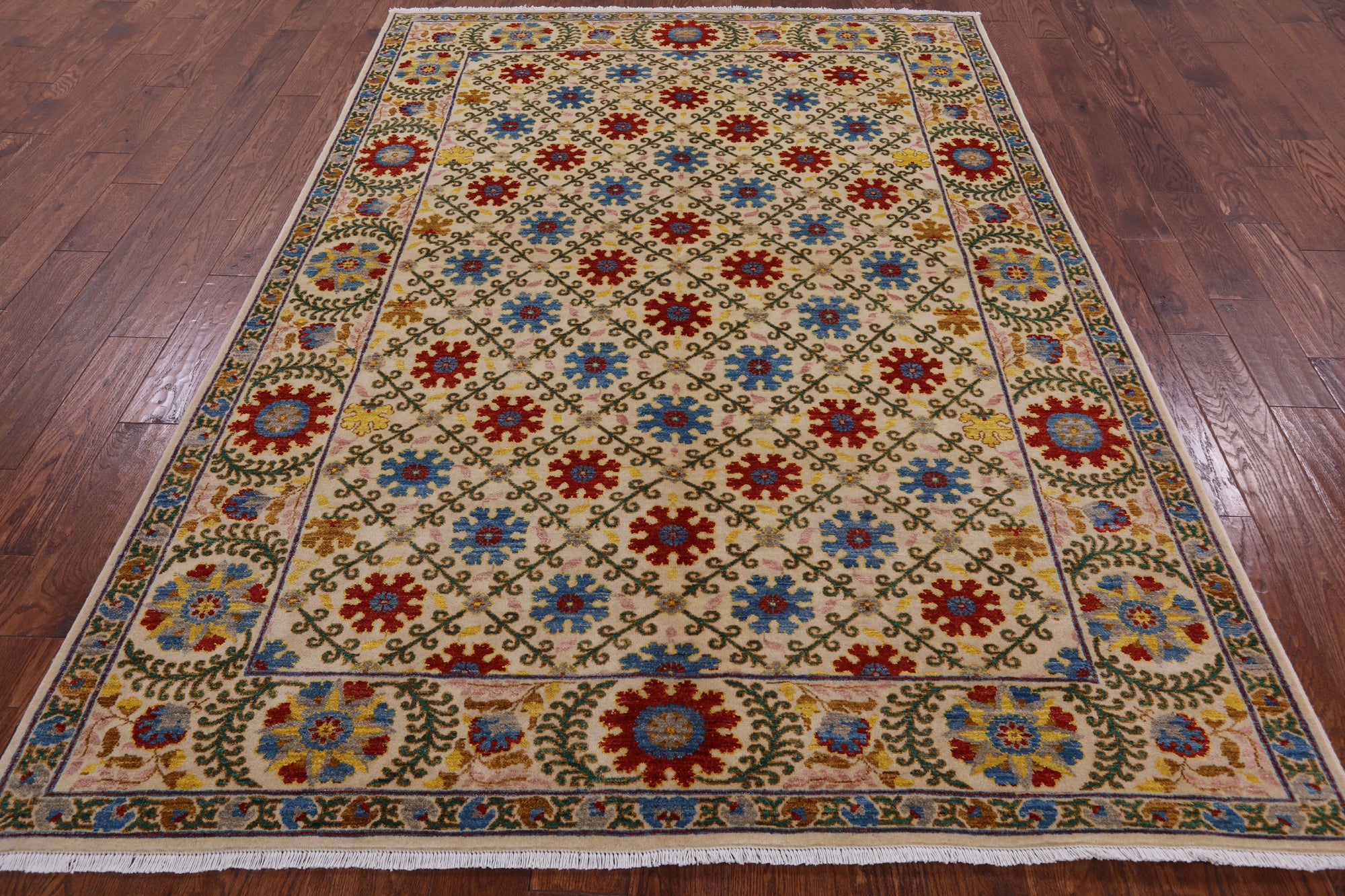 Ivory William Morris Handmade Wool Area Rug - 6' 2" X 8' 9" - Golden Nile