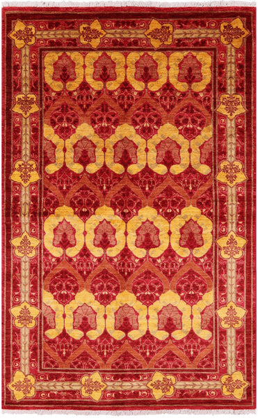 Red William Morris Hand Knotted Wool Area Rug - 5' 0" X 7' 9" - Golden Nile