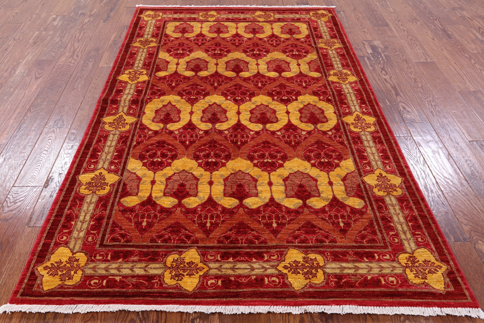 Red William Morris Hand Knotted Wool Area Rug - 5' 0" X 7' 9" - Golden Nile