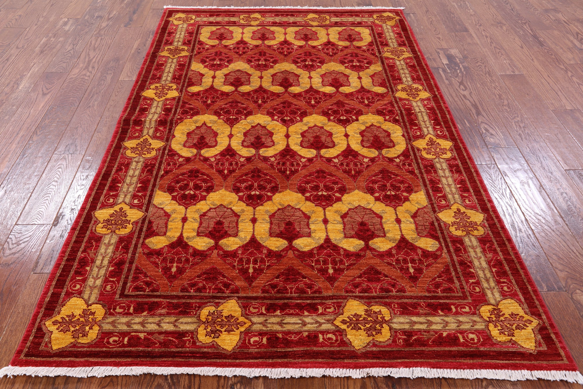 Red William Morris Hand Knotted Wool Area Rug - 5' 0" X 7' 9" - Golden Nile