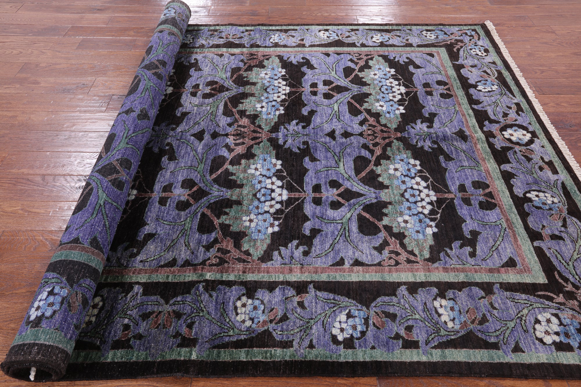 Black William Morris Handmade Wool Area Rug - 6' 4" X 8' 10" - Golden Nile