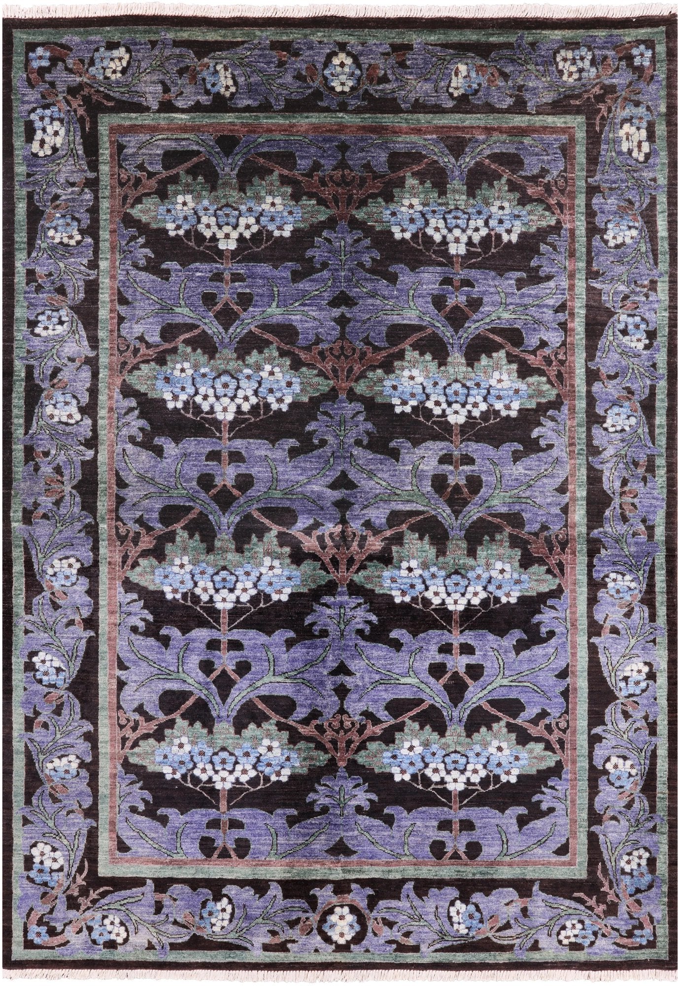 Black William Morris Handmade Wool Area Rug - 6' 4" X 8' 10" - Golden Nile