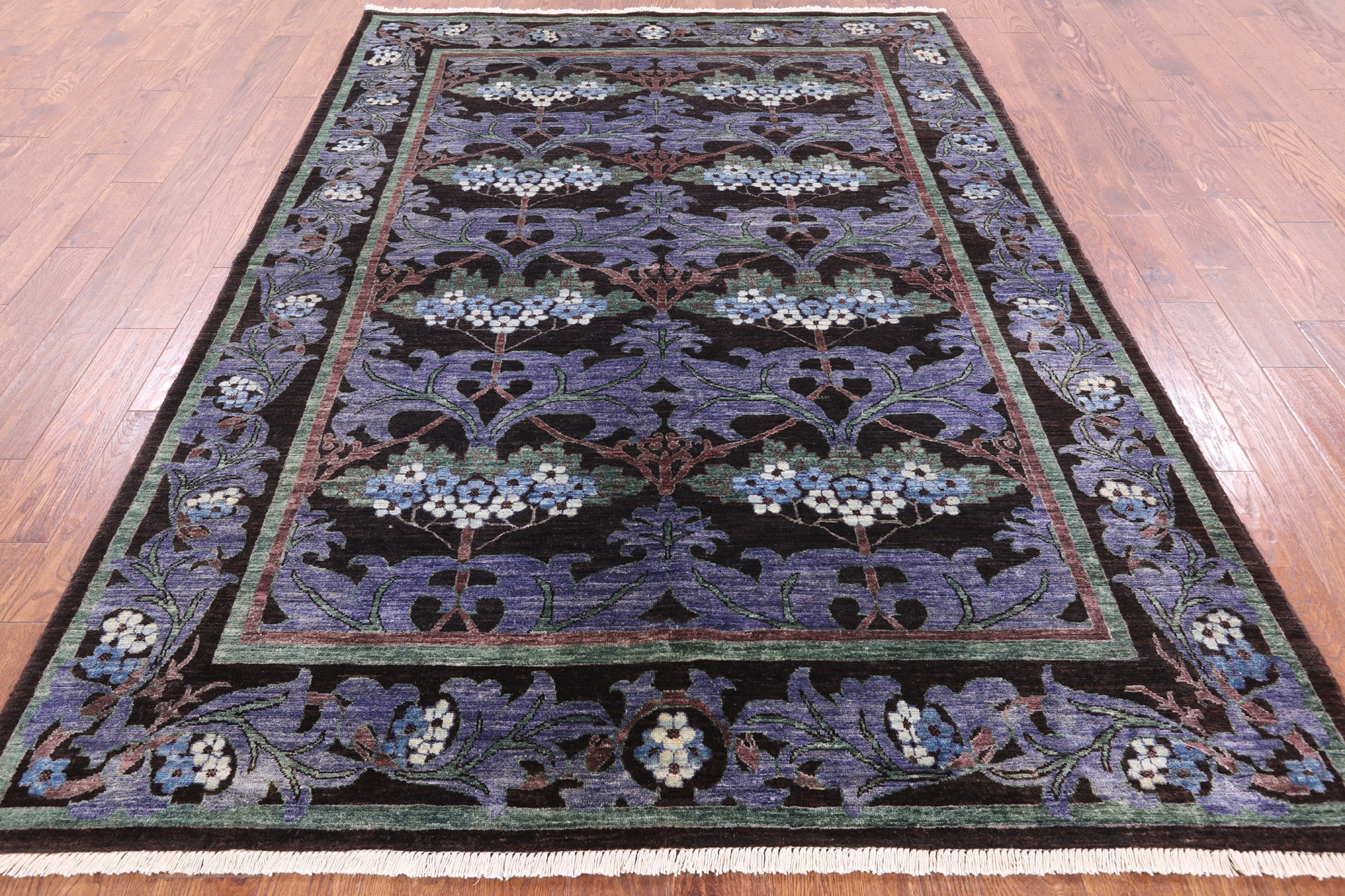 Black William Morris Handmade Wool Area Rug - 6' 4" X 8' 10" - Golden Nile