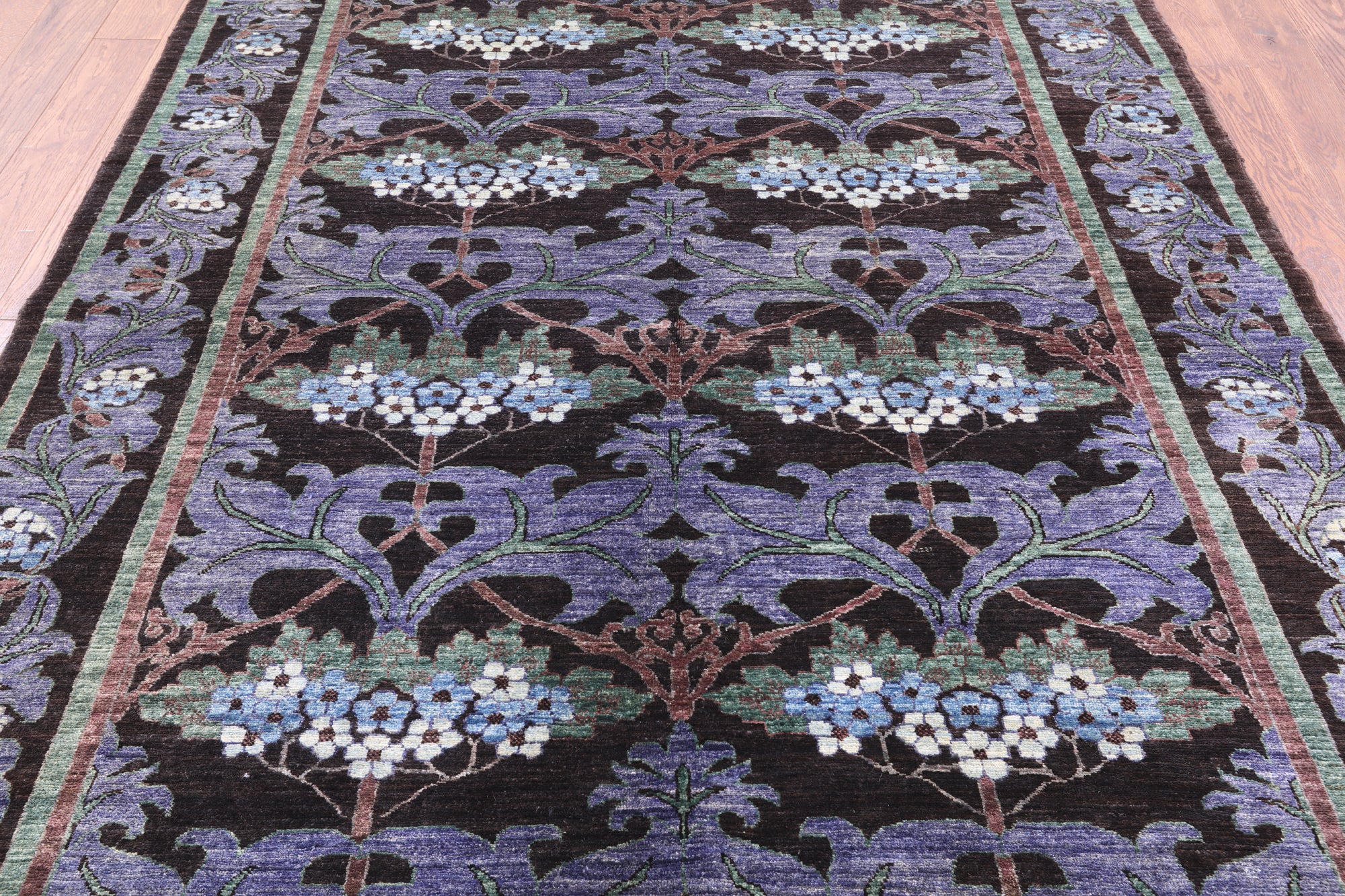 Black William Morris Handmade Wool Area Rug - 6' 4" X 8' 10" - Golden Nile