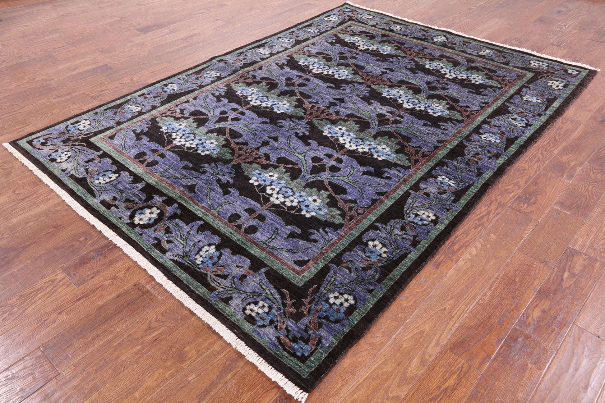 Black William Morris Handmade Wool Area Rug - 6' 4" X 8' 10" - Golden Nile