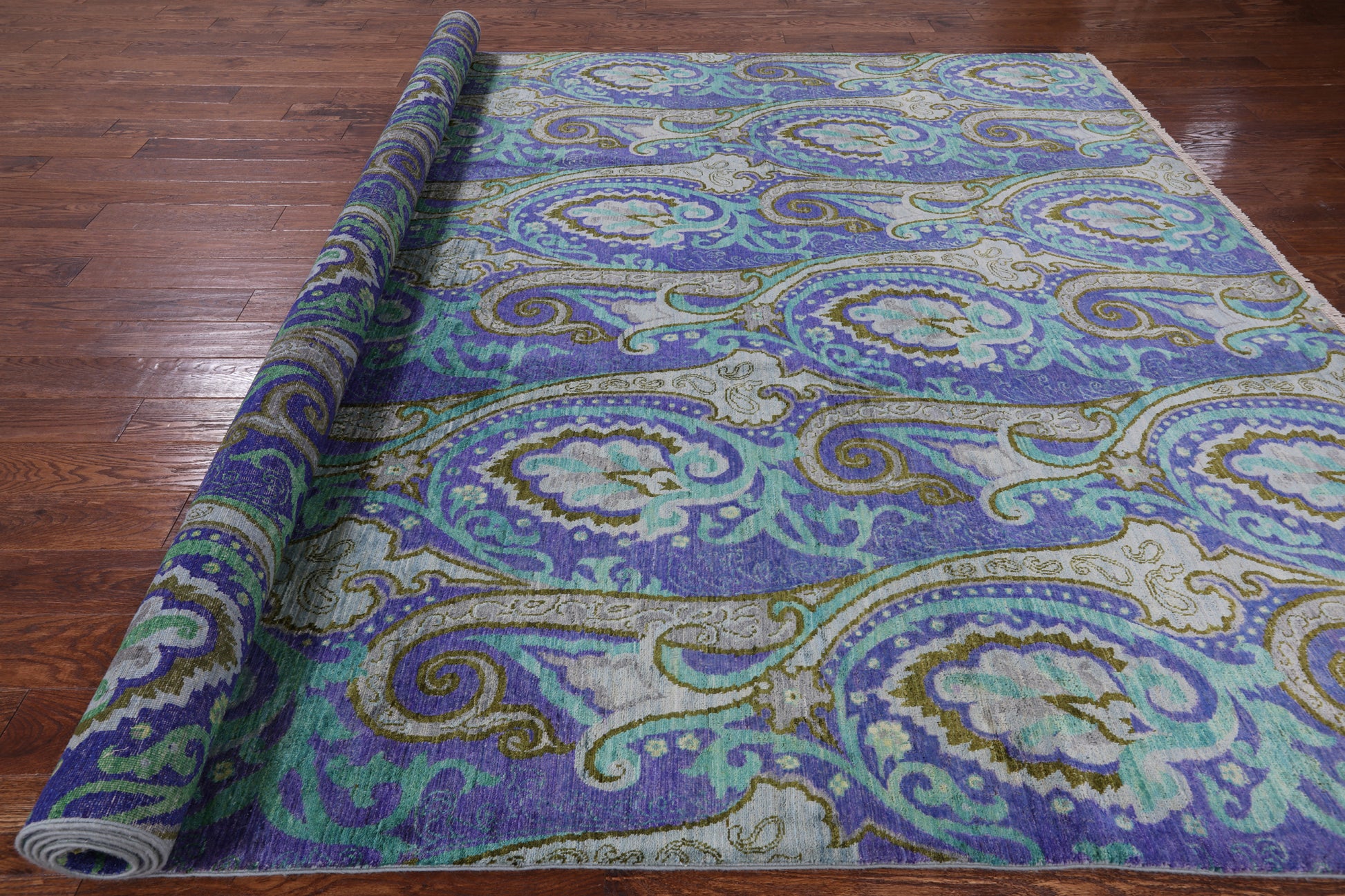Blue William Morris Hand Knotted Wool Rug - 9' 0" X 12' 1" - Golden Nile