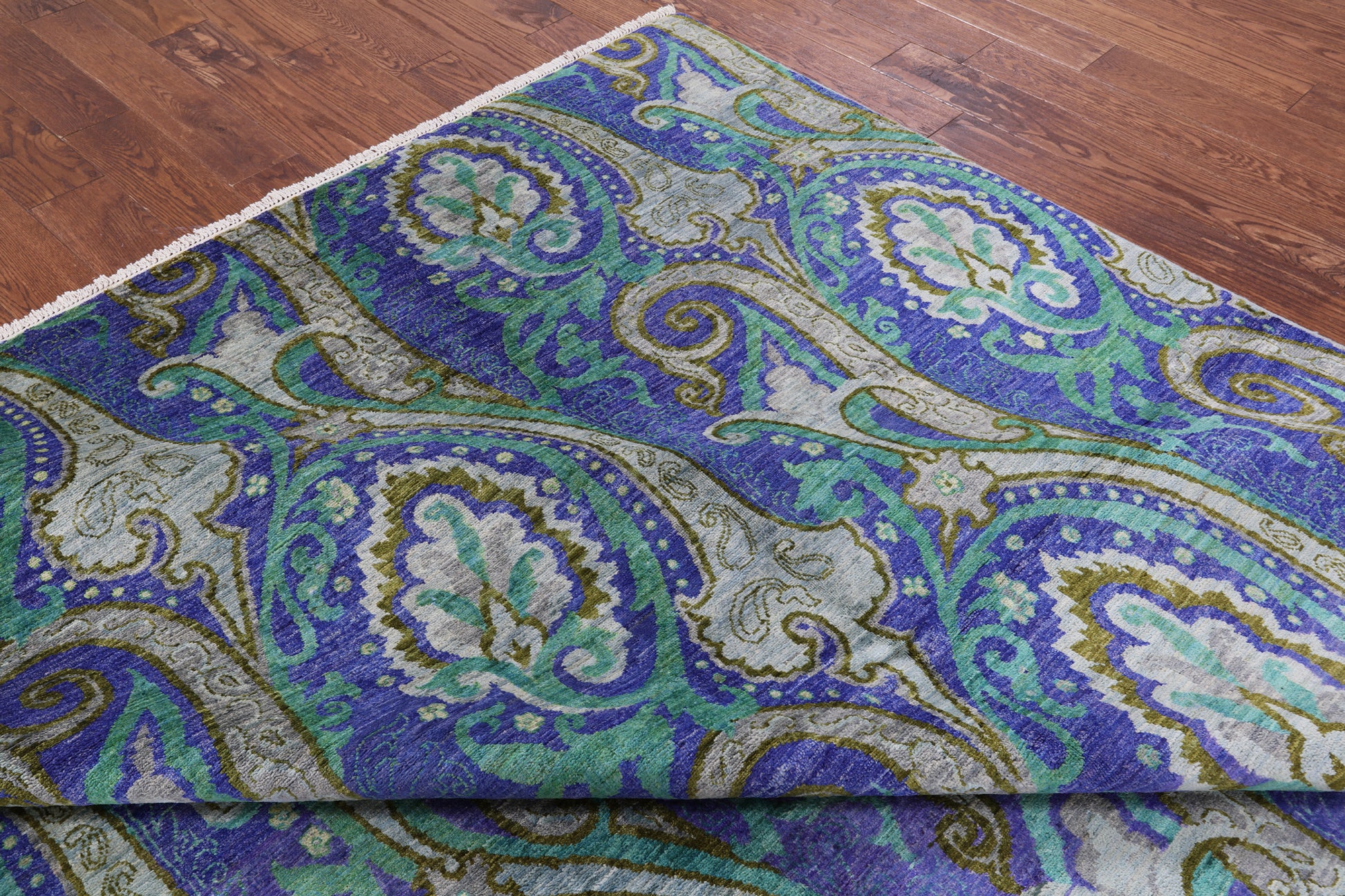 Blue William Morris Hand Knotted Wool Rug - 9' 0" X 12' 1" - Golden Nile