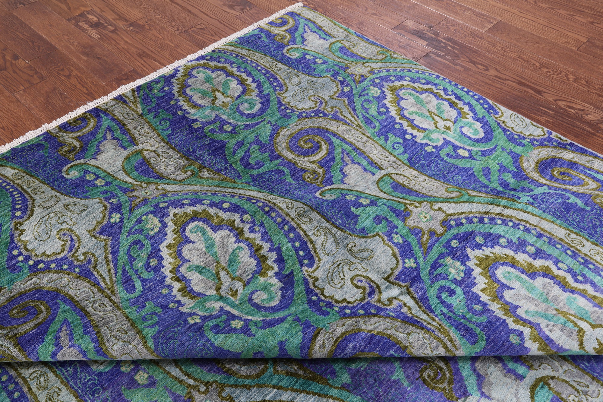 Blue William Morris Hand Knotted Wool Rug - 9' 0" X 12' 1" - Golden Nile