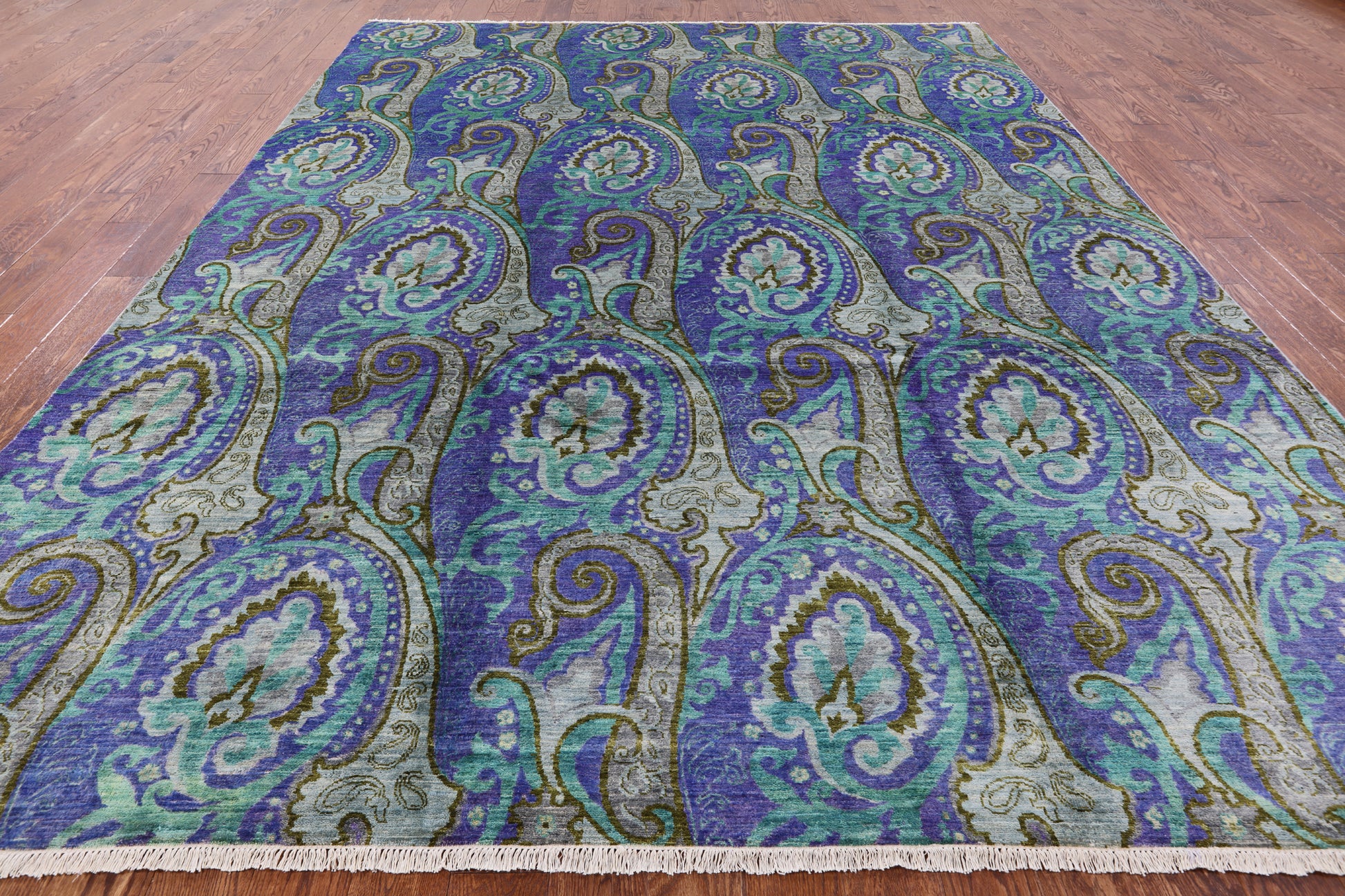 Blue William Morris Hand Knotted Wool Rug - 9' 0" X 12' 1" - Golden Nile